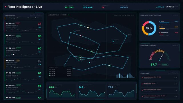 Explore a sophisticated AI Fleet Intelligence Dashboard showcasing a dark-mode interface with vibrant vehicle status indicators and live satellite mapping features.
