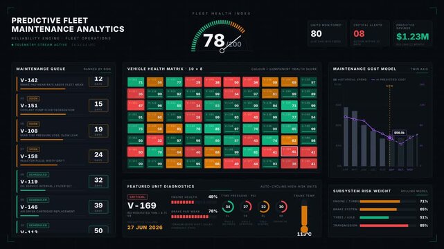 Explore a 4K dark-mode predictive maintenance dashboard showcasing a vehicle health matrix with animated tiles representing vehicle conditions and a maintenance queue for fleet management.