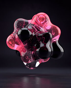Glossy translucent pink organic blob with black cores and internal bubbles floating above a dark reflective surface in studio lighting