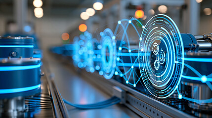 Obraz premium Smart factory digital automation with connected industrial equipment for advanced manufacturing, production control and industry 4.0, defocused technological facility