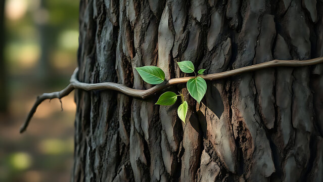A thick vine tightly wrapped around ancient tree bark, creating deep impressions.