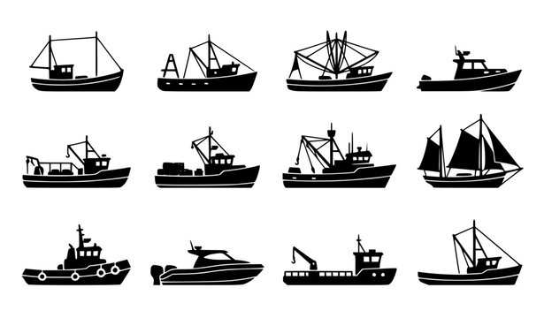 Fishing Boat and Ship Silhouette Icon Set Maritime Vessel Vector Collection