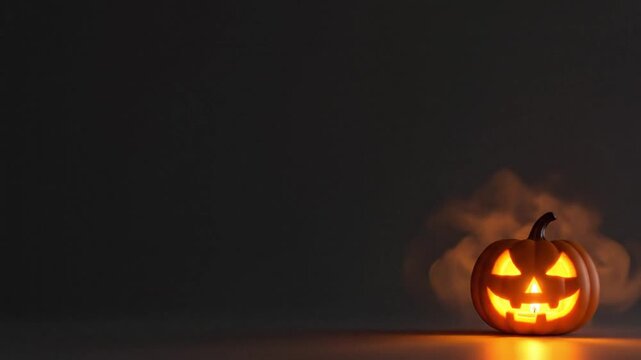 Glowing jack o lantern pumpkin emits mystical smoke in this dark background cinematic loop motion animation for holiday season events