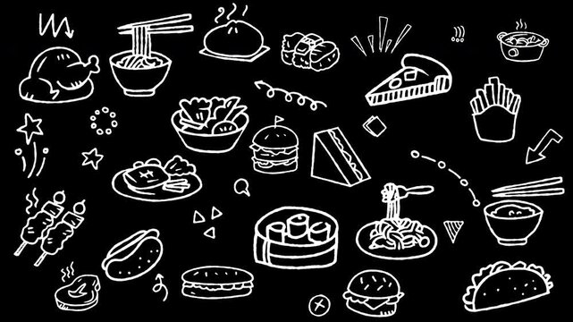 Animated doodle elements of international dishes, fast food, snacks, and restaurant meals. Seamless loop video background with black and white lines. 