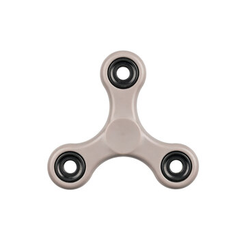 Beige three-pronged fidget spinner toy with black circular bearings isolated on a transparent background