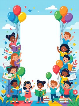 Diverse children holding colorful balloons and books around a white frame. Joyful friendship and learning celebration with happy students. World Children's Day World Childrens Day education.