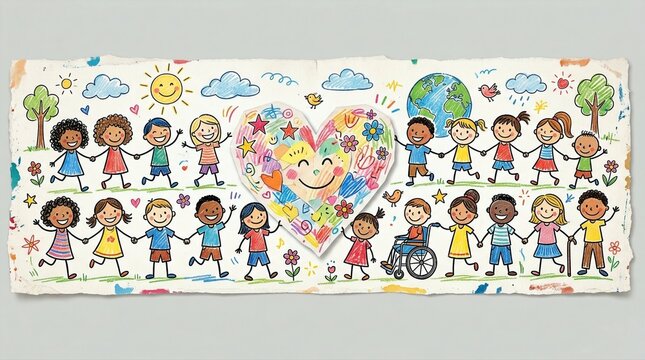 Diverse children holding hands around a smiling heart drawing on paper. Celebrating global unity and friendship among young students. World Children's Day World Childrens Day and inclusive.