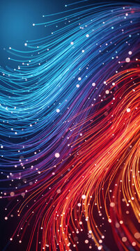 Flowing blue and red light trails with glowing dots, symbolizing energy, connection, and dynamism, ideal for abstract or tech concepts