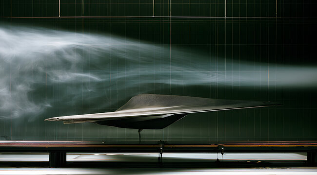 A model of a carbon fiber airplane wing is placed inside a state-of-the-art wind tunnel facility; it displays a white smoke trail that represents airflow and aerodynamic testing in an engineering labo