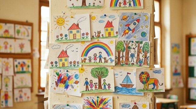 Children crayon drawings pinned to a classroom pillar. Joyful family portraits and colorful childhood dreams. World Children's Day World Childrens Day diversity.