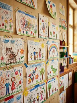 Childrens colorful drawings taped on a classroom wall. Creative expression and imagination in early childhood education. World Children's Day World Childrens Day event celebrating.