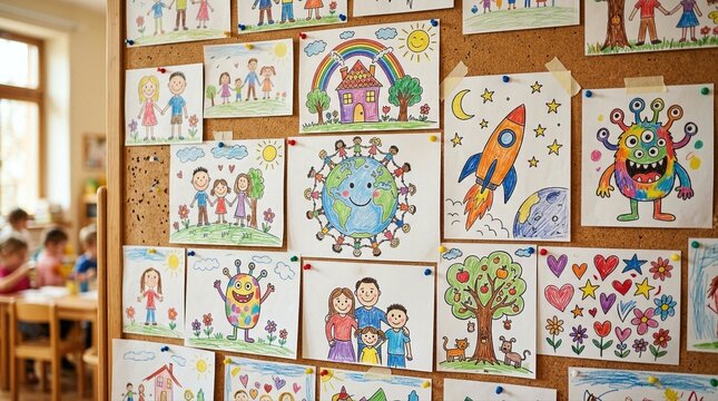 Childrens colorful drawings pinned to a corkboard display in a classroom. Creative expression and imagination in early education. World Children's Day World Childrens Day and global youth.