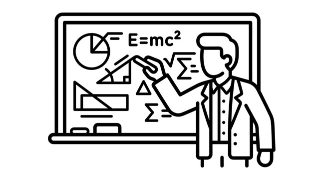 Male profesor vector teaching physics formulas on blackboard
