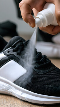Hand sprays protective liquid on black and white athletic shoes, close-up view of sneaker care process with water repellent spray (vertical photo)