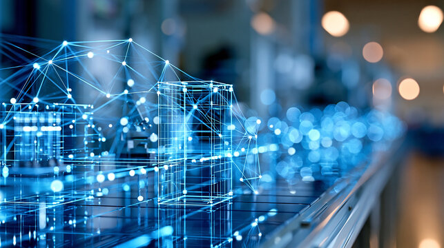 Industrial data foundation interface connecting condition monitoring, quality control and smart factory automation, defocused technological oversight system visualization, with