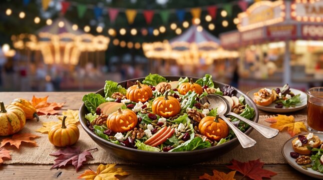 Festive autumn salad with pumpkin faces, apples, walnuts and cranberries at a glowing Halloween fair