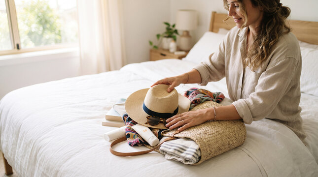 Woman packing straw hat and sunscreen into beach bag on bed