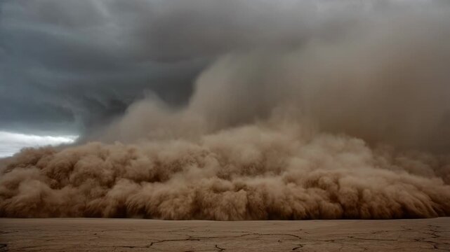 Massive dust storm wall moving across dry desert landscape under dark ominous storm clouds