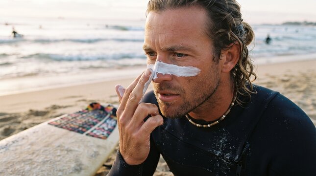 Man applying sunscreen to his face on a beach with surfboard