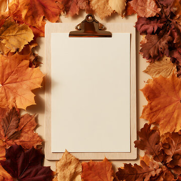Clipboard surrounded by autumn leaves on a plain surface in a well-lit space