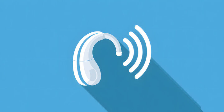 Blue flat icon for hearing aid devices suitable for a medical diagnostic center.