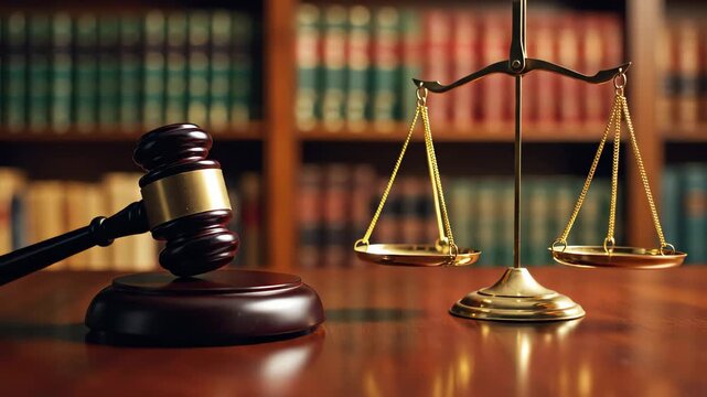 wooden judge gavel and brass scales of justice on a law office table with legal books in the background