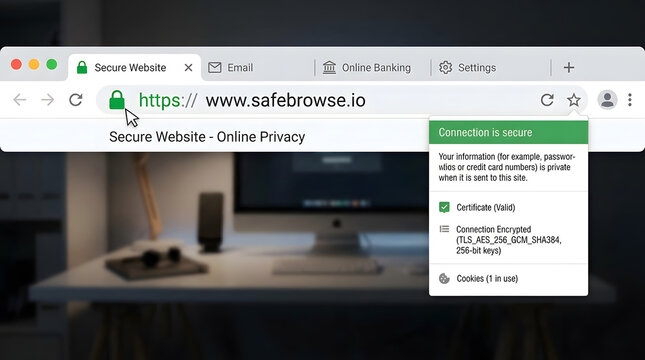 Secure Website and Online Privacy: A browser window displays a secure website with an HTTPS connection and a padlock icon, indicating protection for online activity and data.