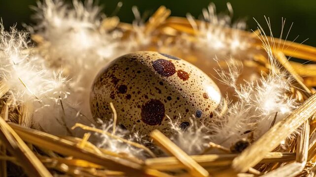 Quail Eggs in Nest with Downy Feathers Close up