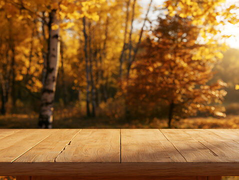 Wooden table in the forest with autumn leaves in the background during a sunny day