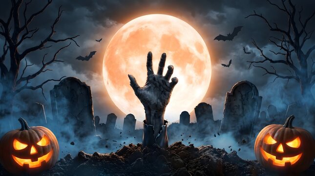Zombie Hand Rising From Halloween Graveyard Under Full Moon
