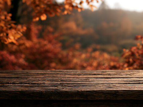 Wooden table in front of colorful autumn trees during the day
