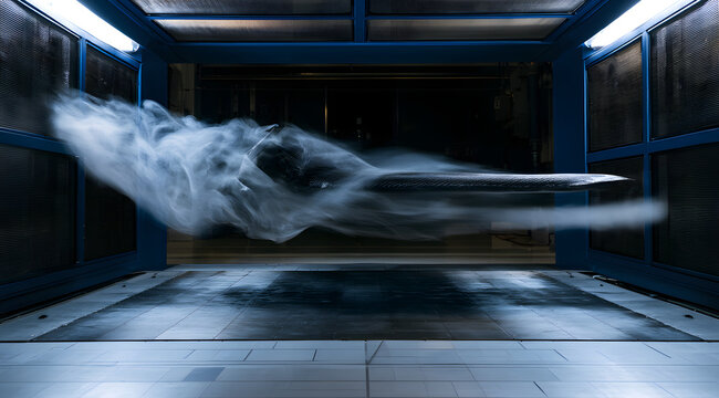 Carbon fiber airplane wing model is mounted inside a modern wind tunnel facility displaying a white smoke trail during airflow aerodynamics testing in an engineering laboratory. Research equipment is 