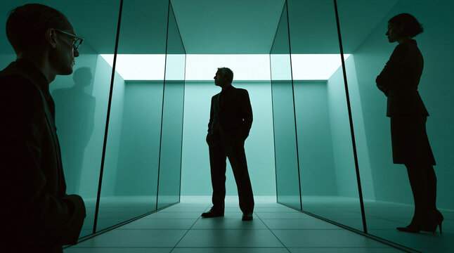 futuristic corporate office with businesspeople behind glass partitions, modern business corridor with executive in black suit and teal lighting, sophisticated glass office interior with professionals