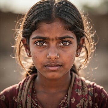 Portrait d'une jeune fille indienne en sari traditionnel dans une rue anim&eacute;e de village, g&eacute;n&eacute;r&eacute; par IA
