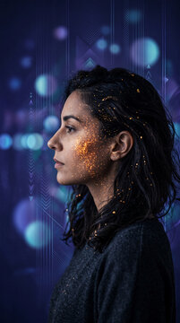 Profile of a woman's face with golden glitter accents, set against a futuristic blue background with geometric patterns and bokeh lights, symbolizing digital art or ethereal beauty
