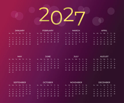 Full year 2027 calendar template, modern luxury design. Gold numbers on dark purple bokeh background.