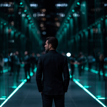 futuristic corporate office with businesspeople behind glass partitions, modern business corridor with executive in black suit and teal lighting, sophisticated glass office interior with professionals