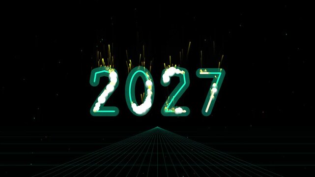 Animated year 2027 neon glowing text with particle fire effects on digital grid base.