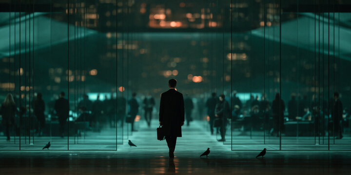futuristic corporate office with businesspeople behind glass partitions, modern business corridor with executive in black suit and teal lighting, sophisticated glass office interior with professionals