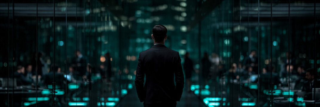 futuristic corporate office with businesspeople behind glass partitions, modern business corridor with executive in black suit and teal lighting, sophisticated glass office interior with professionals