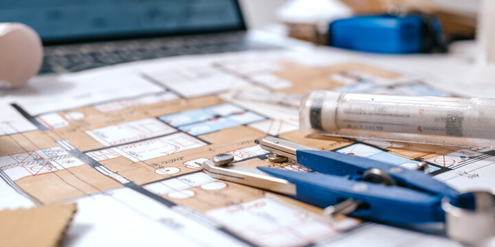 Architect workspace with blueprints, floor plans, material samples and laptop, architectural planning, residential design project, home renovation and building concept development.