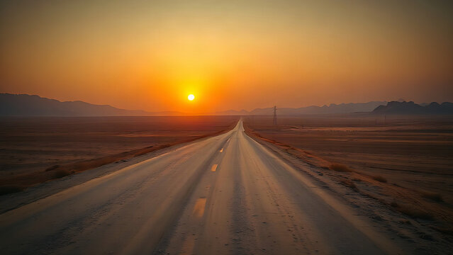 A long, straight ancient road through a desert landscape under a warm sunset sky.