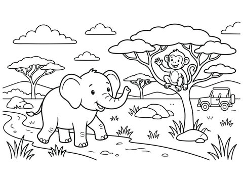 A cute cartoon elephant walking through the african savanna with a happy monkey sitting in a large acacia tree
