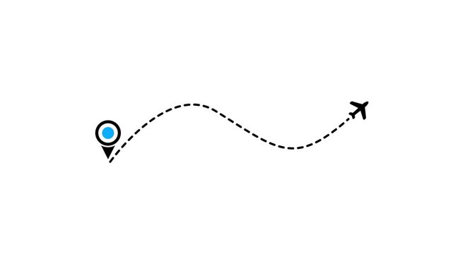 Travel route icon showing airplane following a curved dotted path toward destination marker, isolated on black background, representing flight, journey, navigation, tourism and travel ICON ANIMATION .