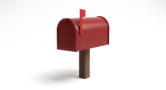 Classic Red Mailbox: A bright red American-style mailbox stands proudly on a wooden post, its flag raised, ready to receive correspondence.