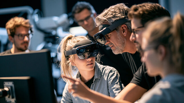 Team mit Augmented-Reality-Brille arbeitet gemeinsam an Bildschirmen im Labor, moderne Technologie-Szene f&uuml;r Innovation und Zusammenarbeit.