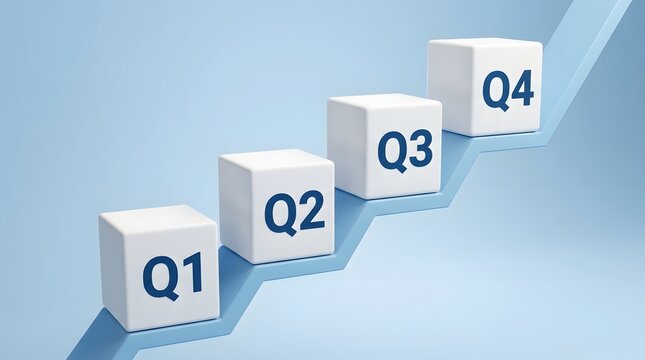 Quarterly financial growth represented by stacked blocks labeled q1 through q4 on a blue background