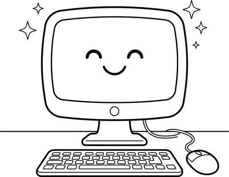 Cute cartoon computer monitor with a happy smiling face, keyboard, and mouse, surrounded by sparkling stars, coloring page on white background