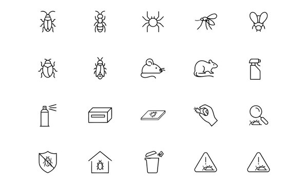 Set outline icons related to pest control, bugs, insects. Linear icon collection. Editable stroke. Vector illustration