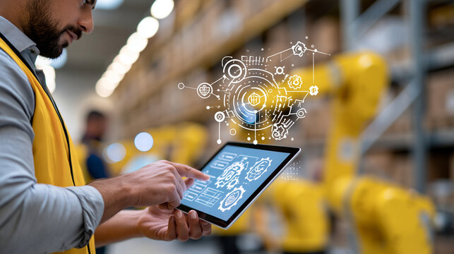 Smart factory workers monitoring AI robotics in automated warehouse, industrial automation and logistics management with digital dashboard, defocused technological oversight, with